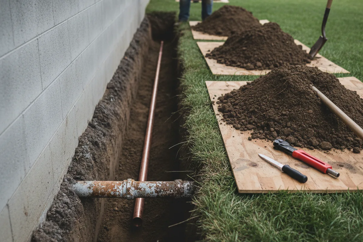 Excavated water line trench during Sewer Line Repair in Levan